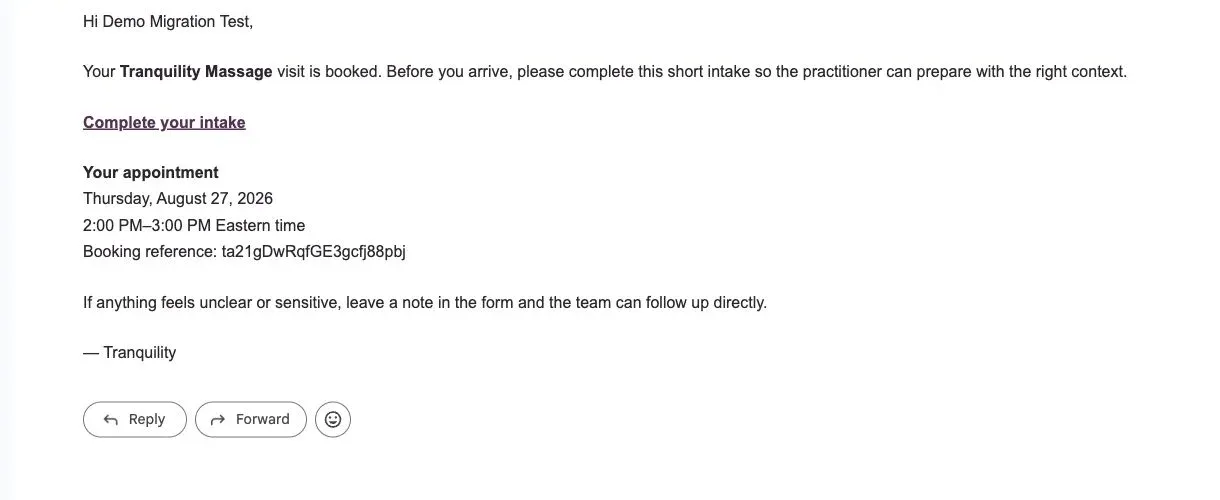 Booking confirmation email showing the appointment and its pre-visit intake link.