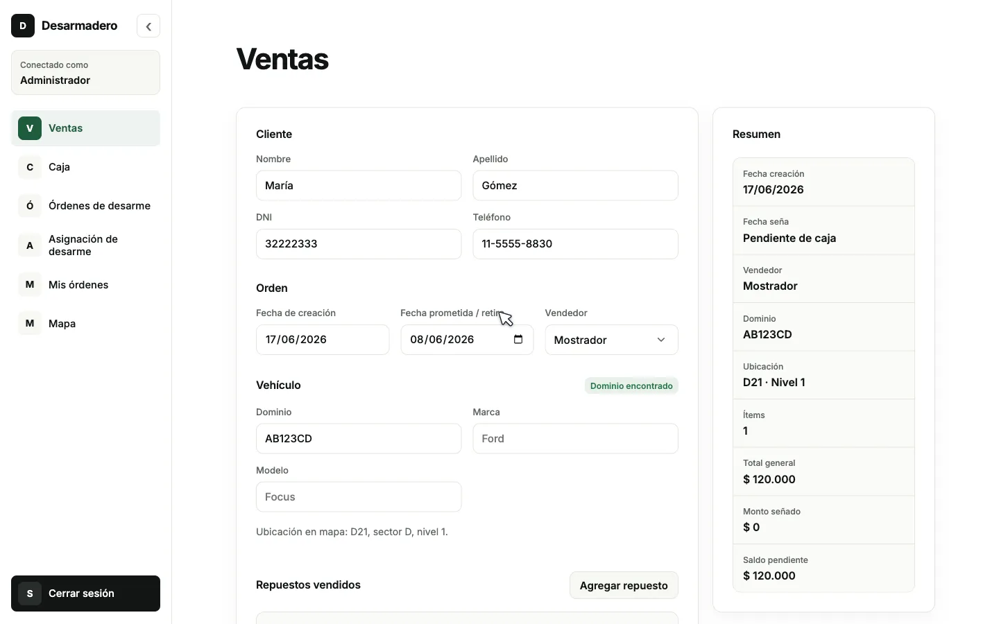 Desarmadero prototype counter-sales screen with customer, vehicle, parts, and live order summary.