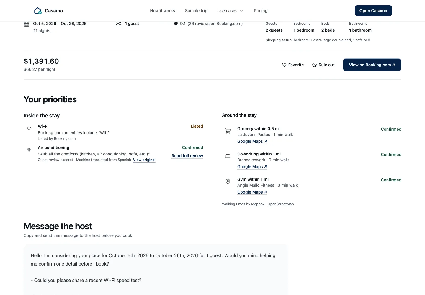 Sample listing detail showing listed Wi-Fi, a guest review mentioning air conditioning, and a suggested question about internet speed