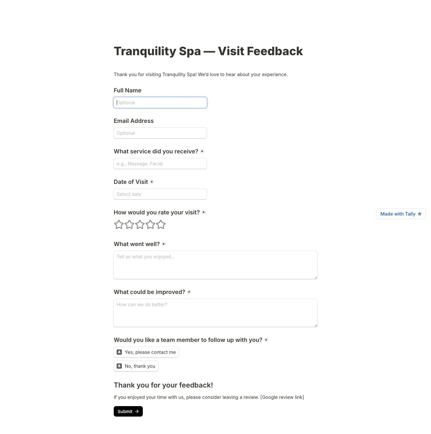Published Tally feedback form asking about the visit and whether staff should respond.