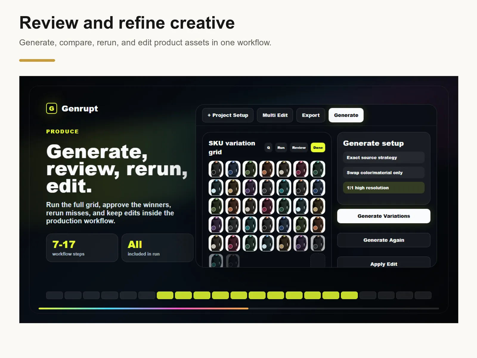 Genrupt creative production workflow for generating, reviewing, rerunning, and editing product variations.