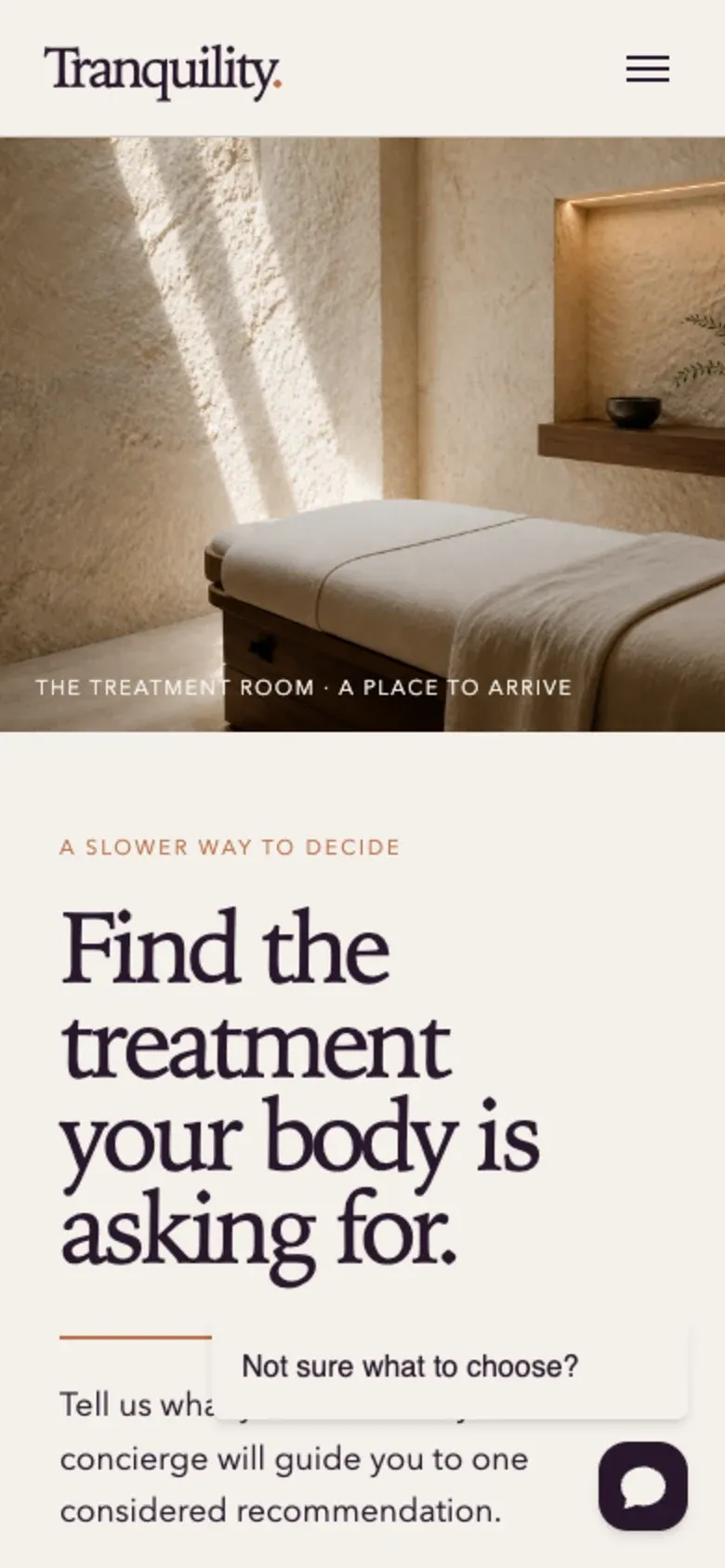 Tranquility Spa mobile homepage with a floating concierge prompt over the service-guidance section.