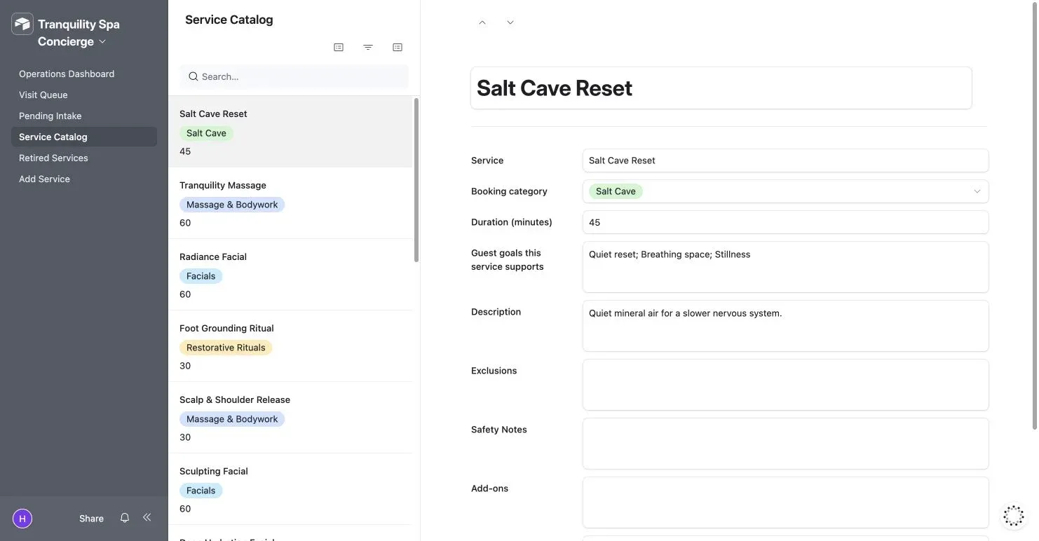 Published Airtable service catalog with editable eligibility and booking rules.