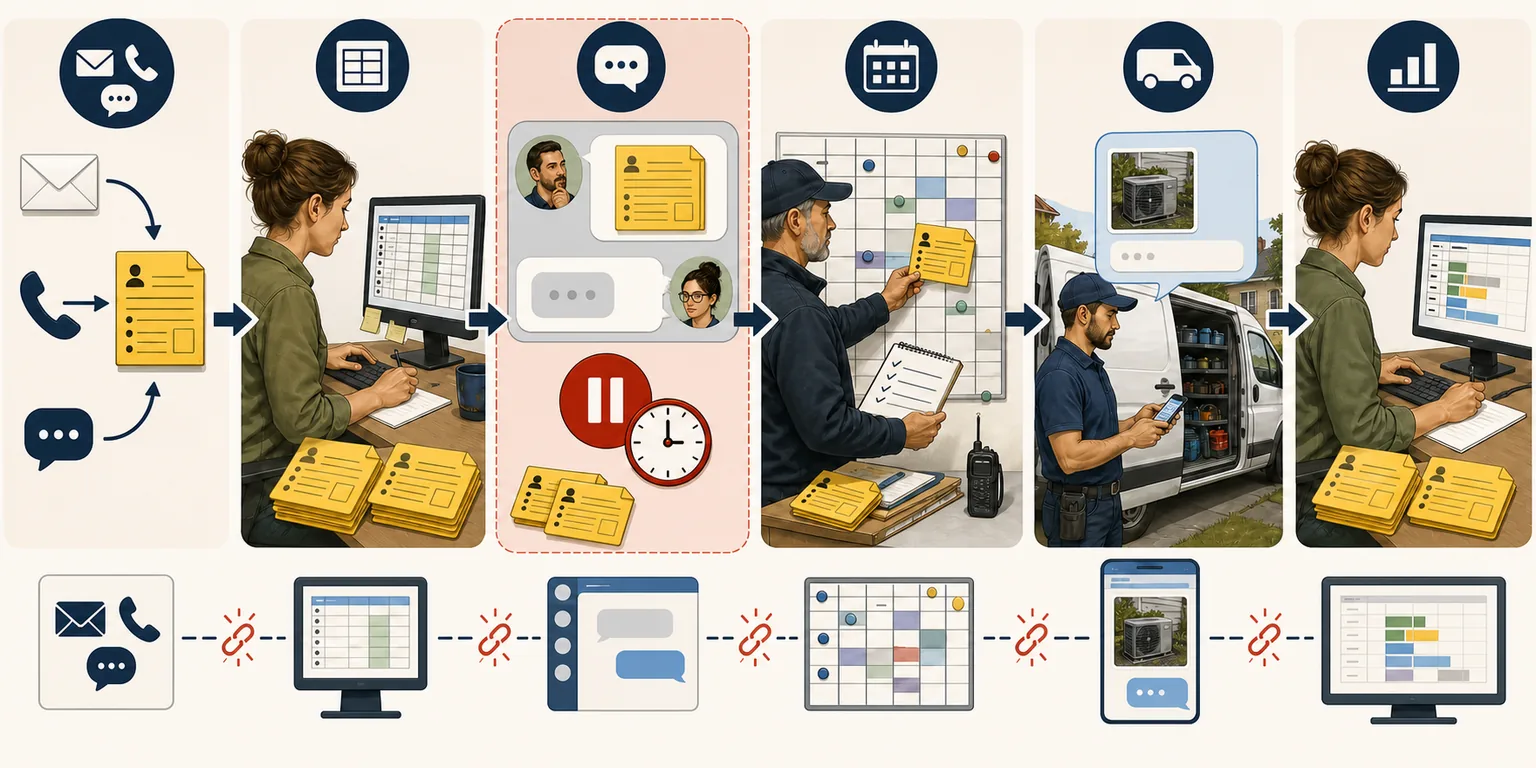 Generated explanatory illustration of a modeled field-service workflow. Requests arrive by email, phone, or chat, then separate yellow job cards are copied through a spreadsheet, an approval wait, a dispatch board, a technician's field update, and a weekly report. Broken links mark each manual handoff.